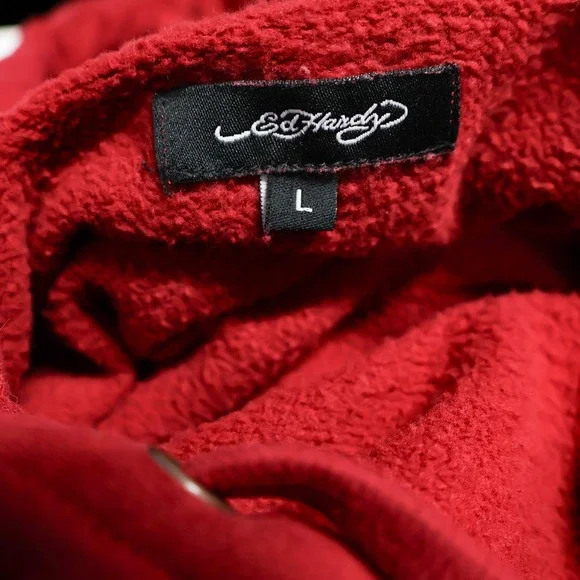 Ed Hardy Sweatshirt Womens L Cropped Koi FIsh Print Hoodie Red Long Sleeve Fit - Picture 5 of 10